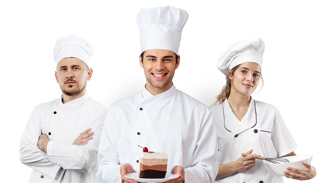 Three chefs and center chef holding a cake in a plate